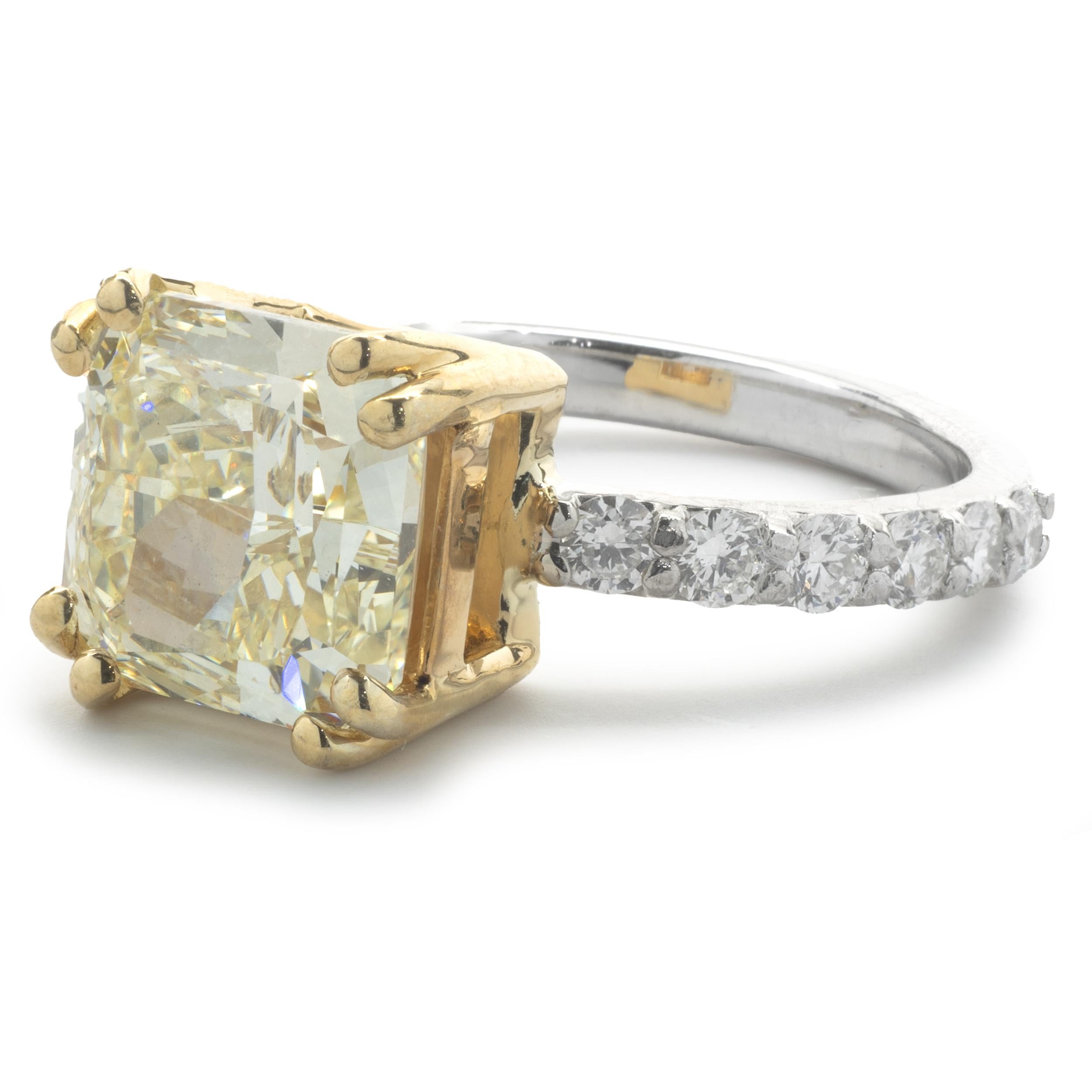 14 Karat White and Yellow Gold Fancy Yellow Cushion Cut Diamond Engagement Ring In Excellent Condition For Sale In Scottsdale, AZ