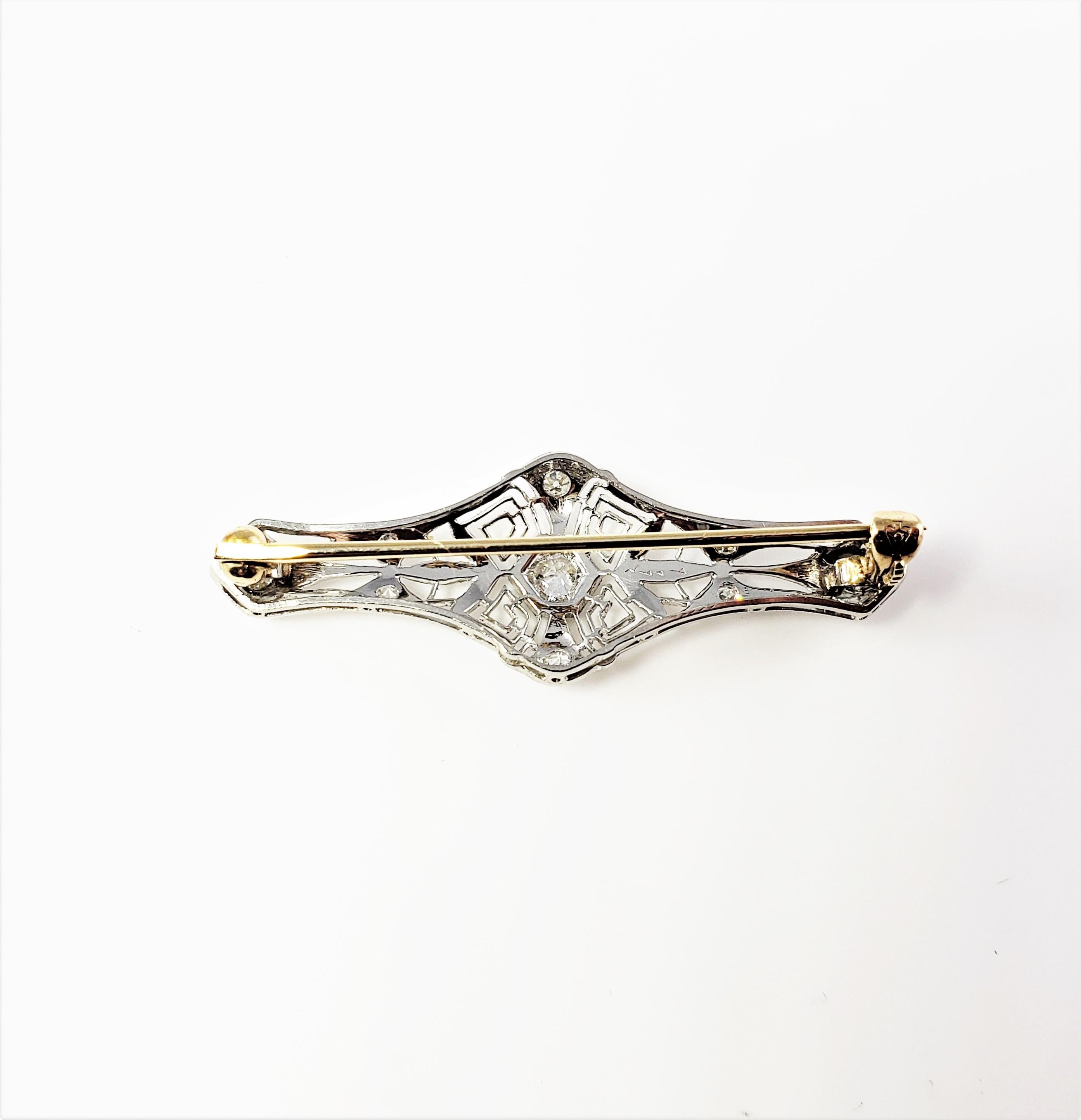 Old European Cut 14 Karat White and Yellow Gold Filigree and Diamond Bar Pin/Brooch For Sale
