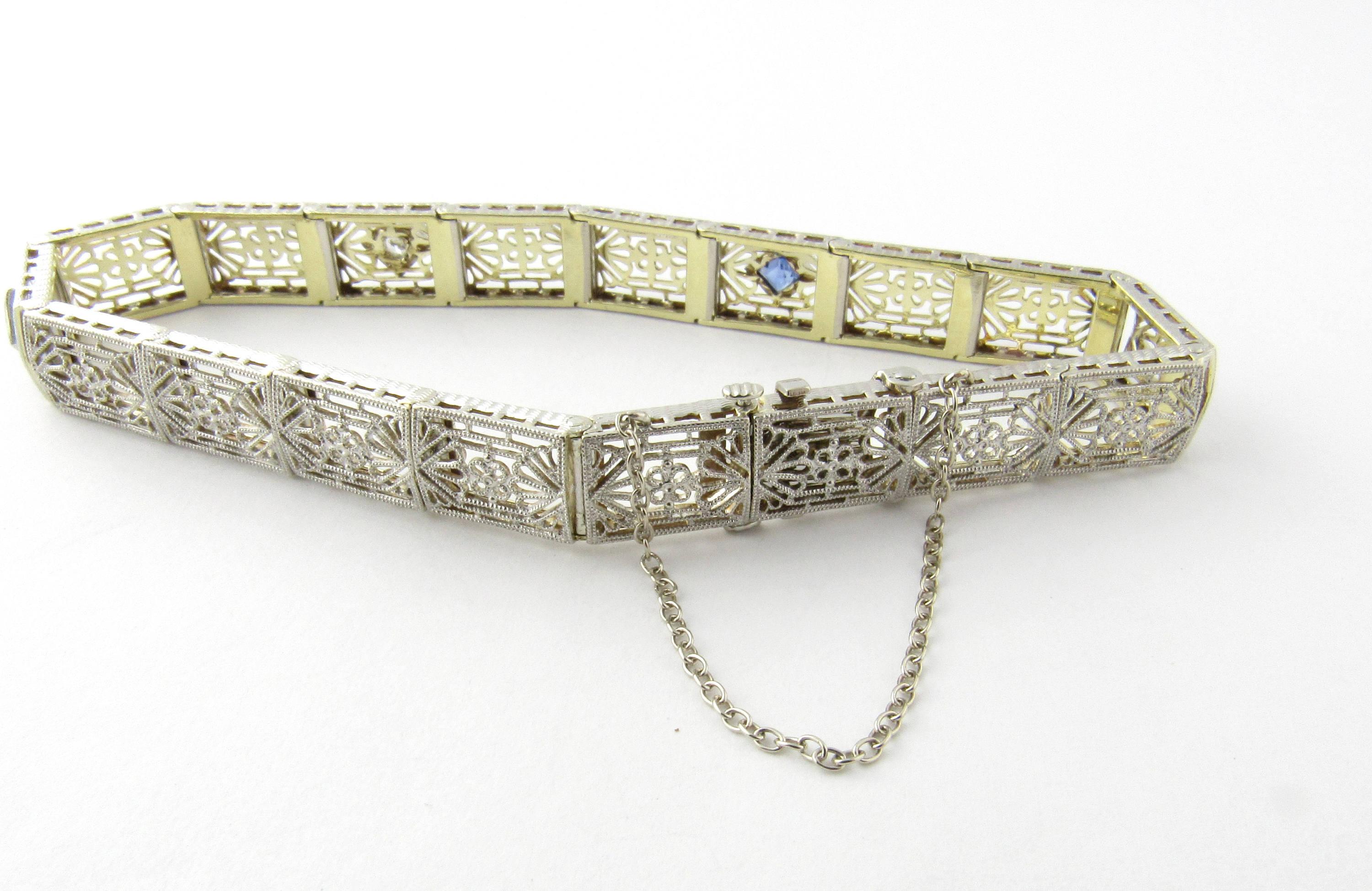14 Karat White and Yellow Gold Filigree Diamond and Sapphire Bracelet In Excellent Condition In Washington Depot, CT