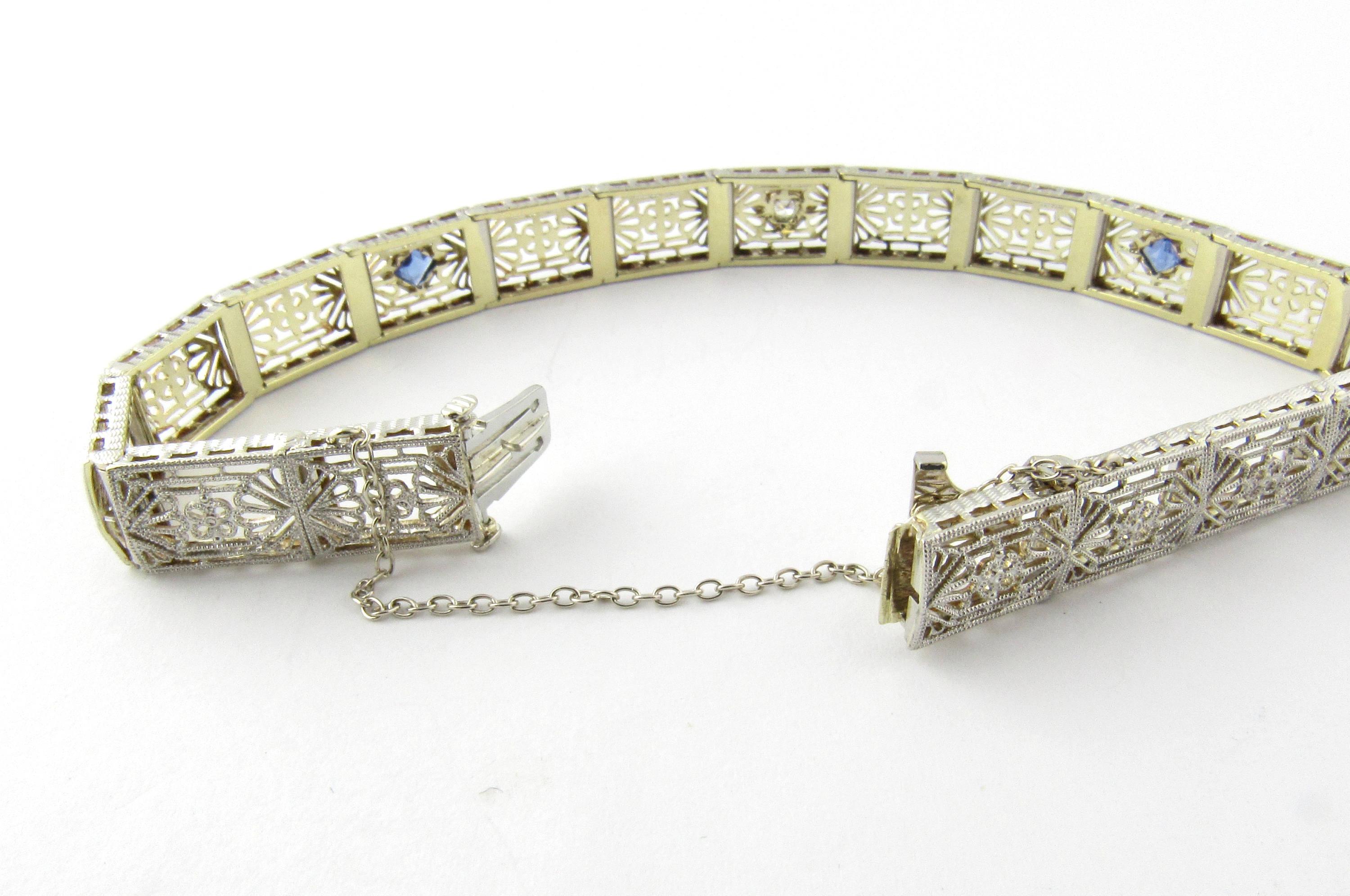 14 Karat White and Yellow Gold Filigree Diamond and Sapphire Bracelet 1