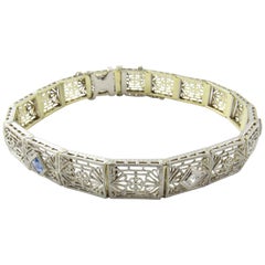 14 Karat White and Yellow Gold Filigree Diamond and Sapphire Bracelet