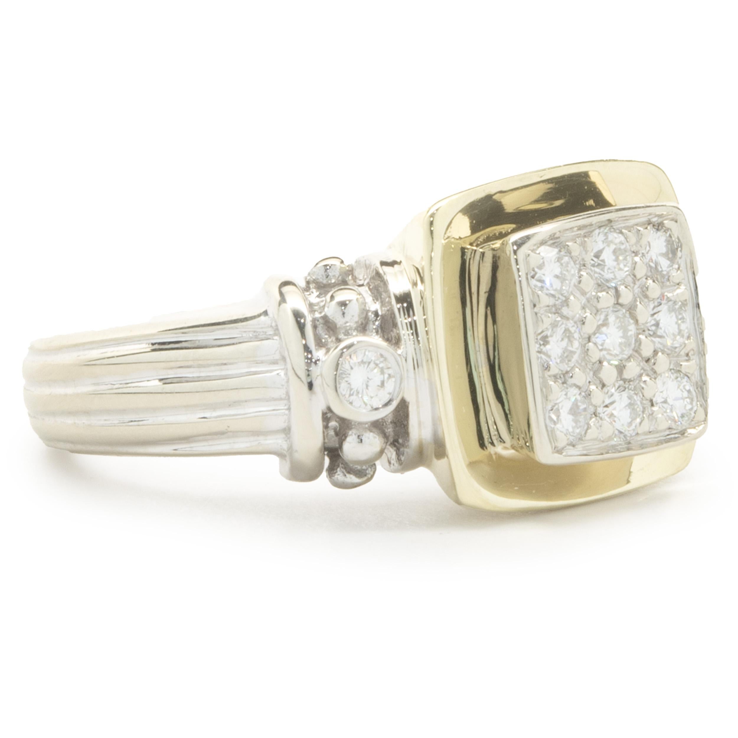 Designer: custom
Material: 14K white & yellow gold
Diamond: 11 round brilliant cut = 0.28cttw
Color: G
Clarity: VS2
Size: 7
Weight: 9.60 grams