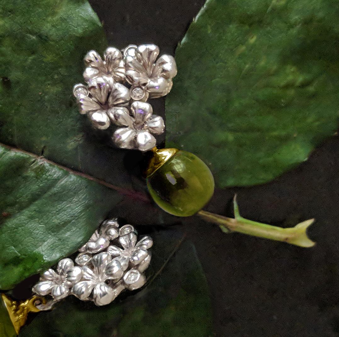 Cabochon Two-tone Gold Plum Flowers Drop Earrings with Diamonds in White and Yellow Gold For Sale
