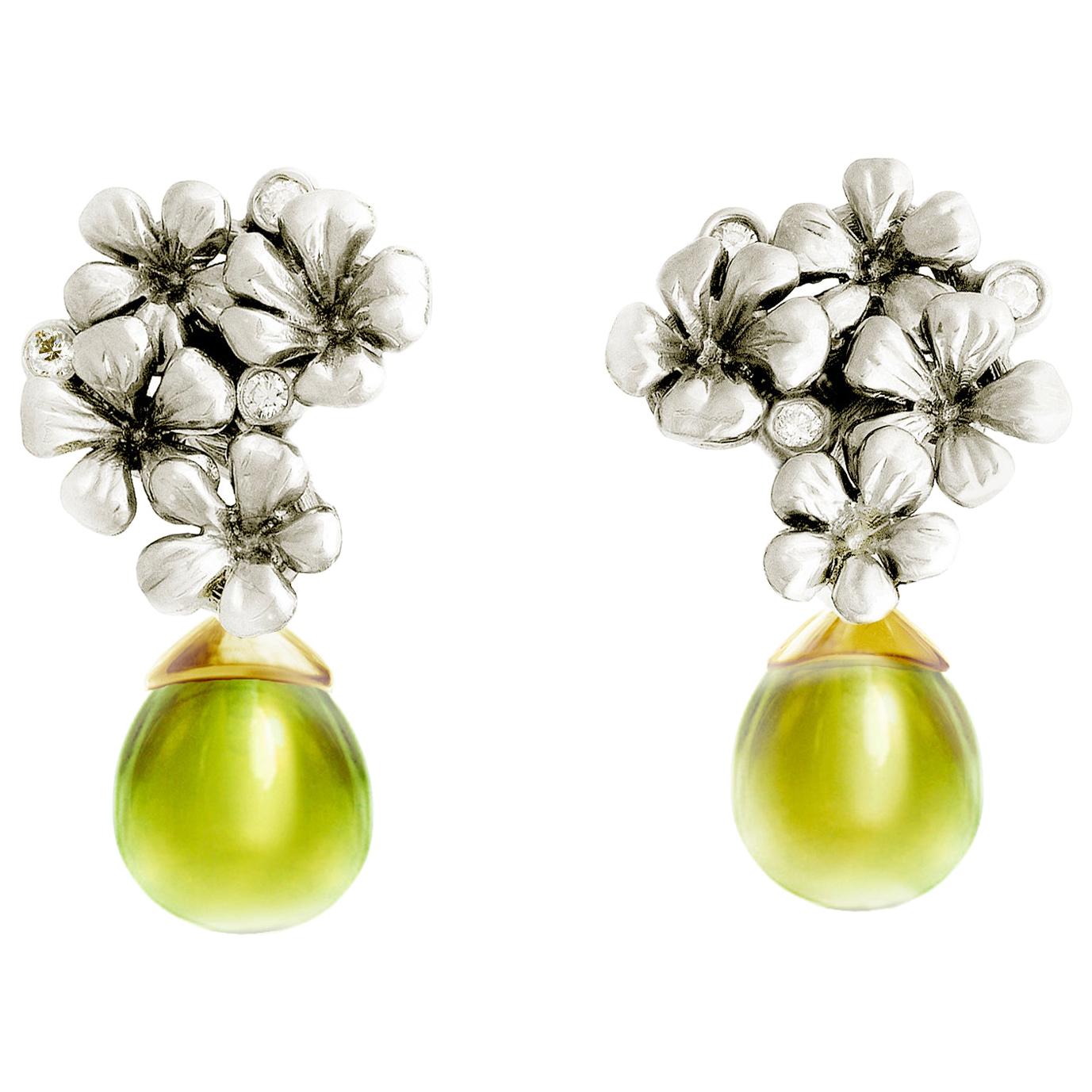 Two-tone Gold Plum Flowers Drop Earrings with Diamonds in White and Yellow Gold
