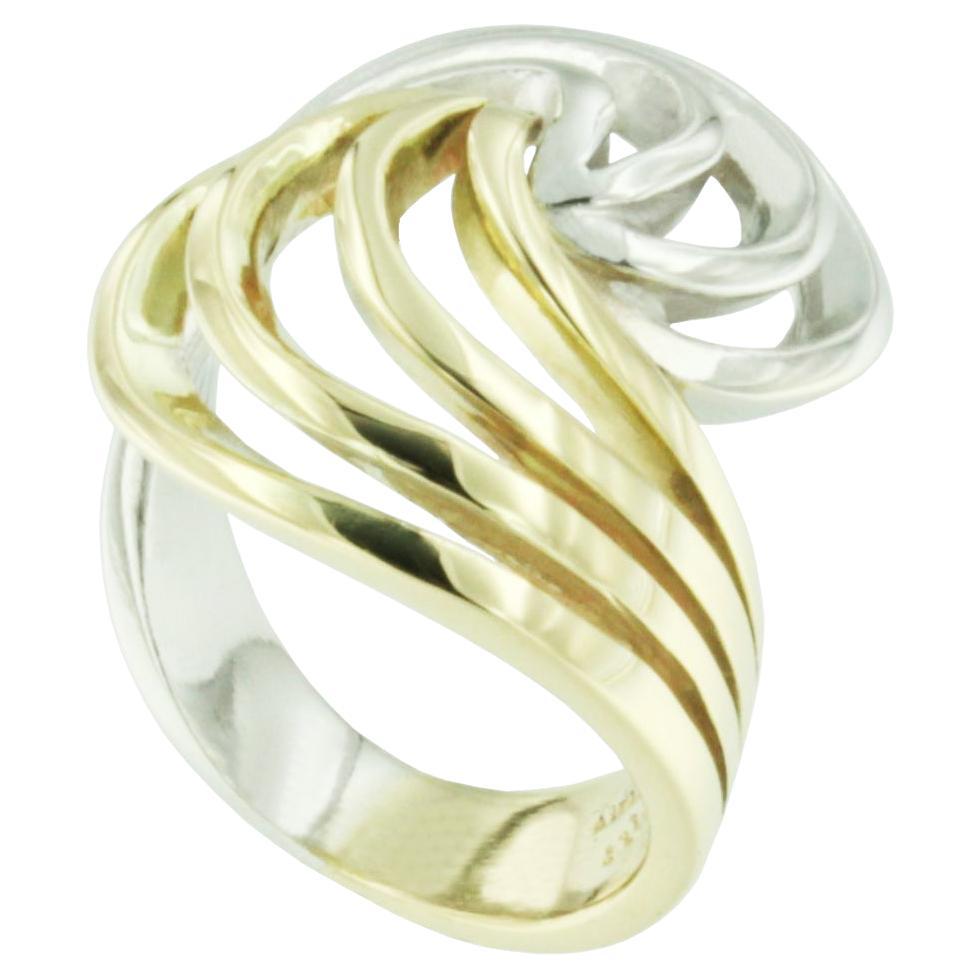14 Karat White and Yellow Gold Modern Made in Italy Cocktail Ring For Sale