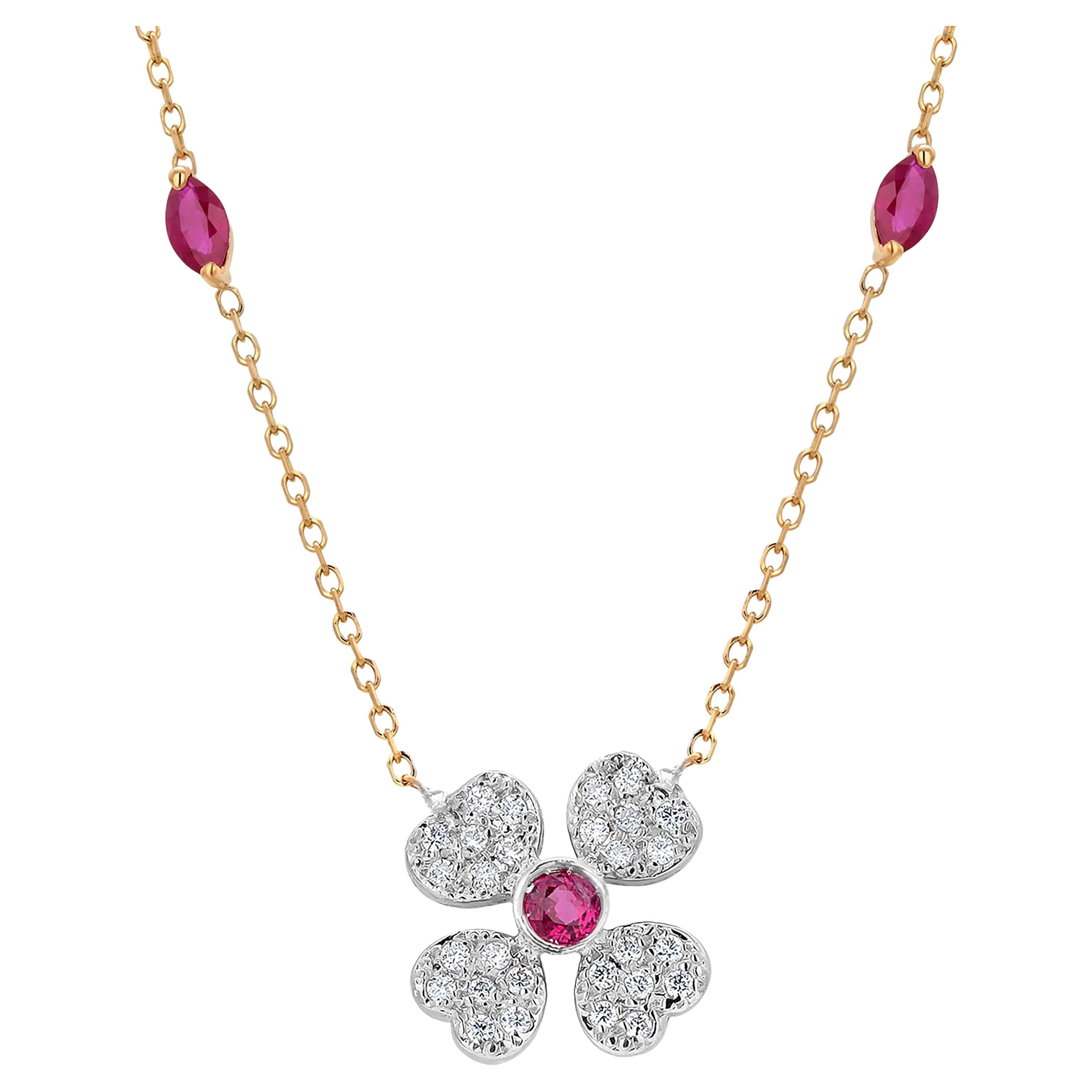 14 Karat Gold Ruby Diamond 1.13 Carat Drop Layering 16.50 Inch  Necklace For Sale