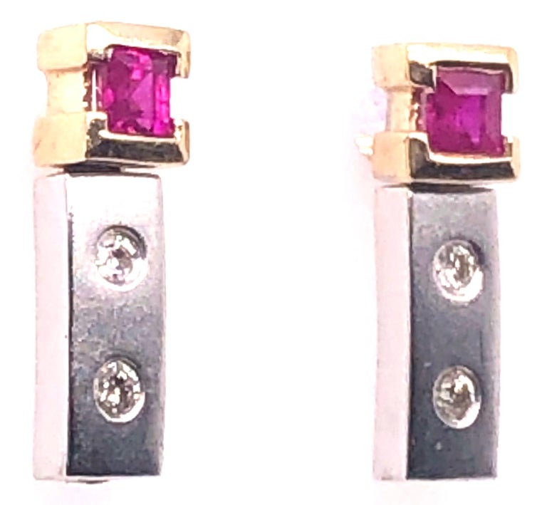 14 Karat White and Yellow Gold Screw Back Ruby Earrings with Diamonds