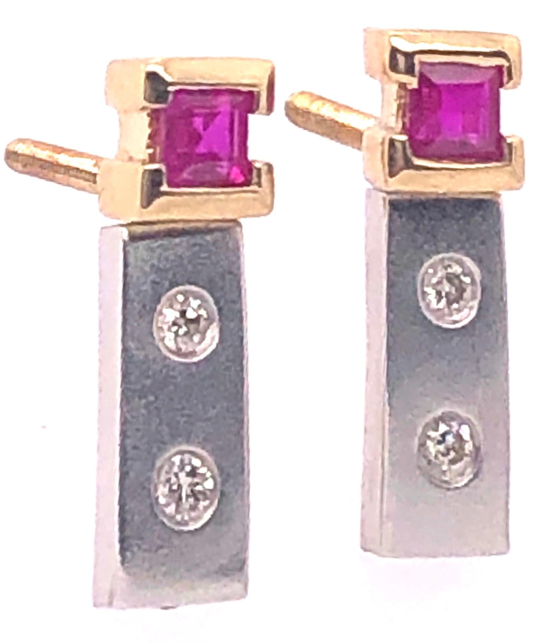 Round Cut 14 Karat White and Yellow Gold Screw Back Ruby Earrings with Diamonds For Sale