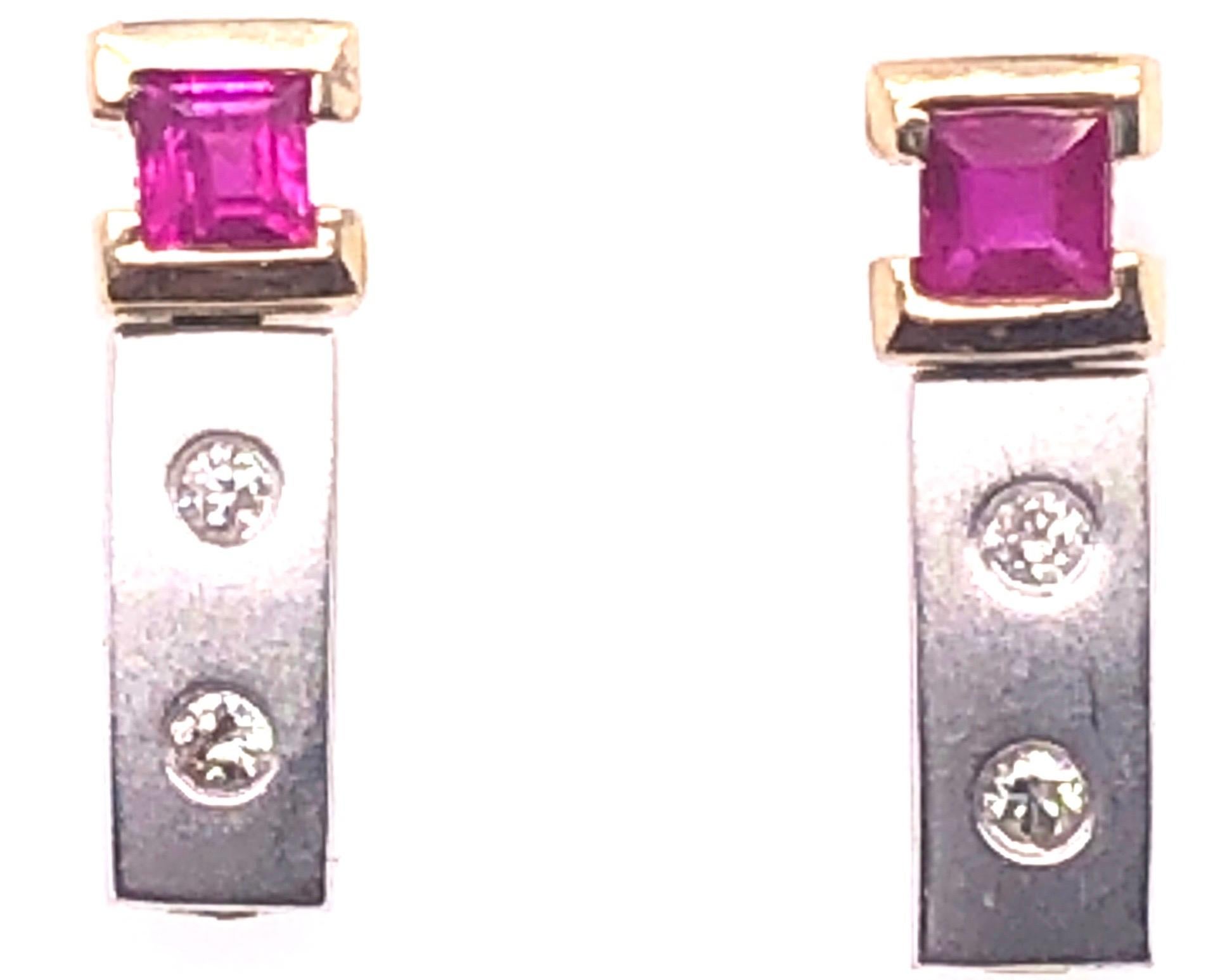 Women's or Men's 14 Karat White and Yellow Gold Screw Back Ruby Earrings with Diamonds For Sale