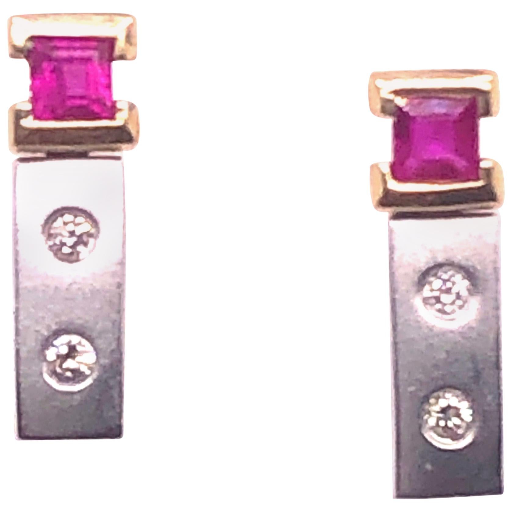 14 Karat White and Yellow Gold Screw Back Ruby Earrings with Diamonds For Sale