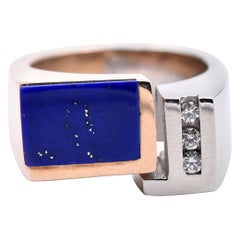 14 Karat White and Yellow Gold Two-Tone Lapis Lazuli and Diamond Geometric Ring
