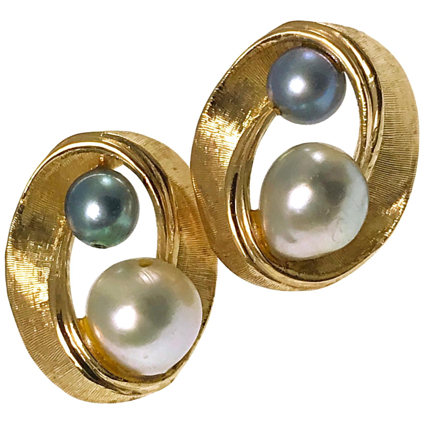 14 Karat White Blue-Gray Pearl Swirl Earrings