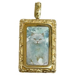 Pendentif chef-d'œuvre chat blanc 14 carats peint à la main MOP n°0313