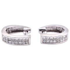 14 Karat White Diamond Princess Cut Channel Set Huggie Earrings
