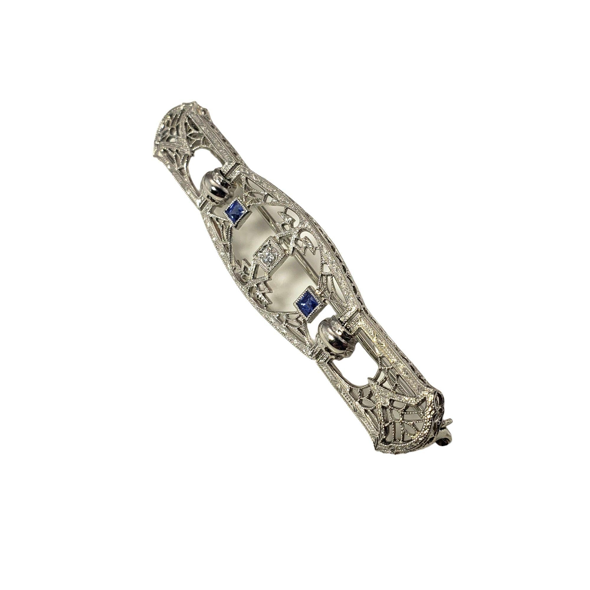 Round Cut 14 Karat White Filigree Gold Diamond and Synthetic Sapphire Brooch / Pin For Sale