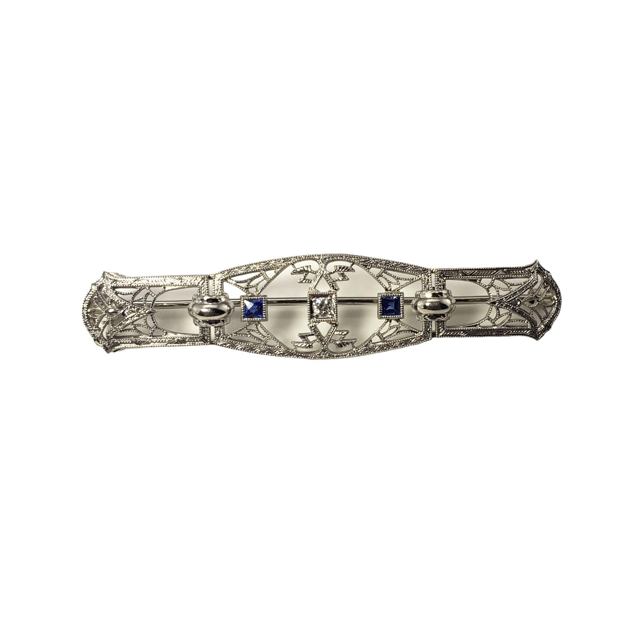 14 Karat White Filigree Gold Diamond and Synthetic Sapphire Brooch / Pin In Good Condition For Sale In Washington Depot, CT