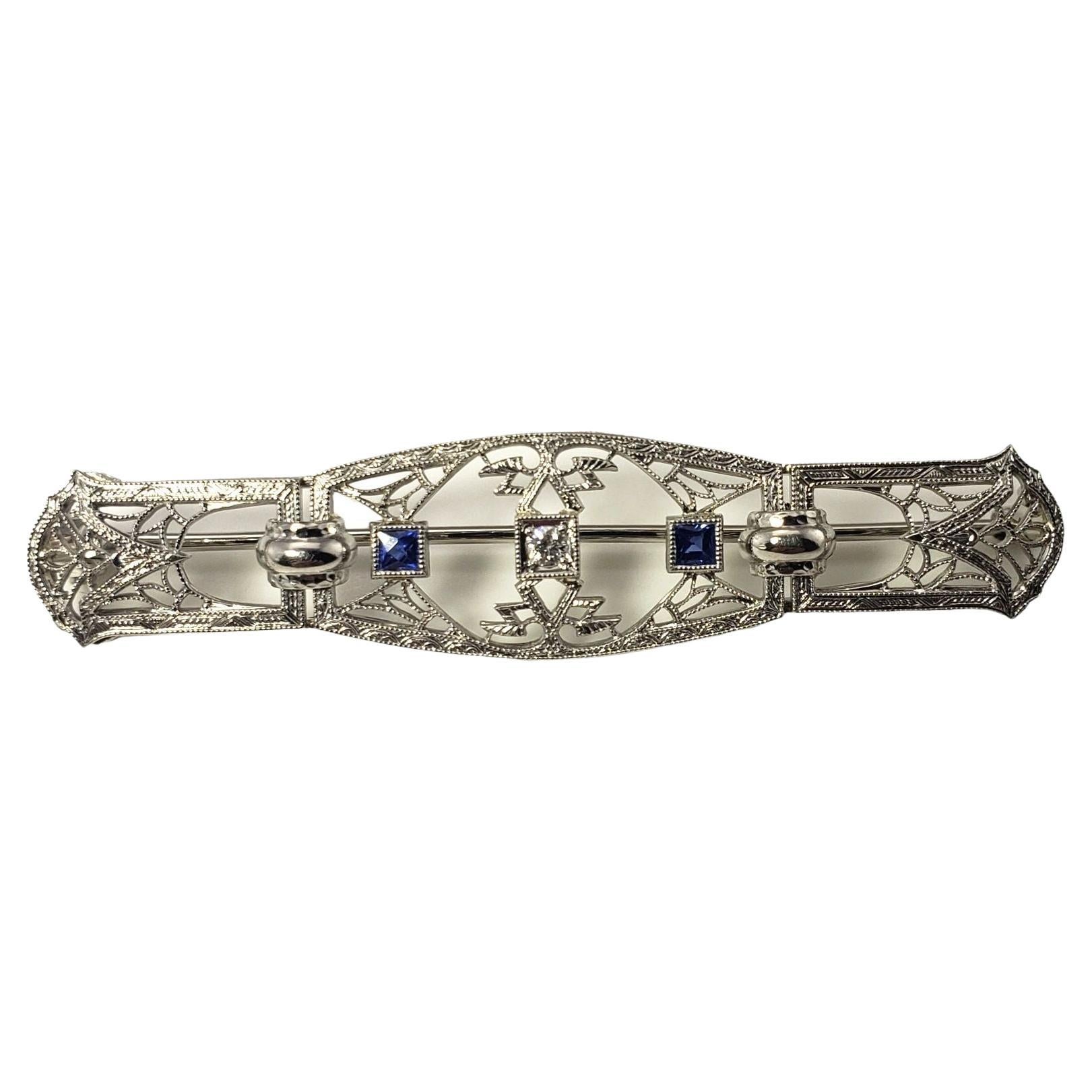 14 Karat White Filigree Gold Diamond and Synthetic Sapphire Brooch / Pin For Sale