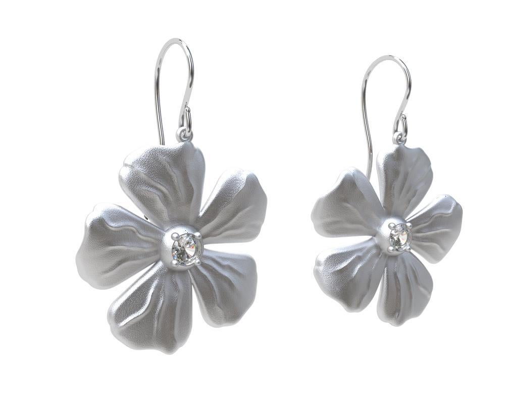 Round Cut 14 Karat White GIA Diamond Periwinkle Flower Earrings For Sale