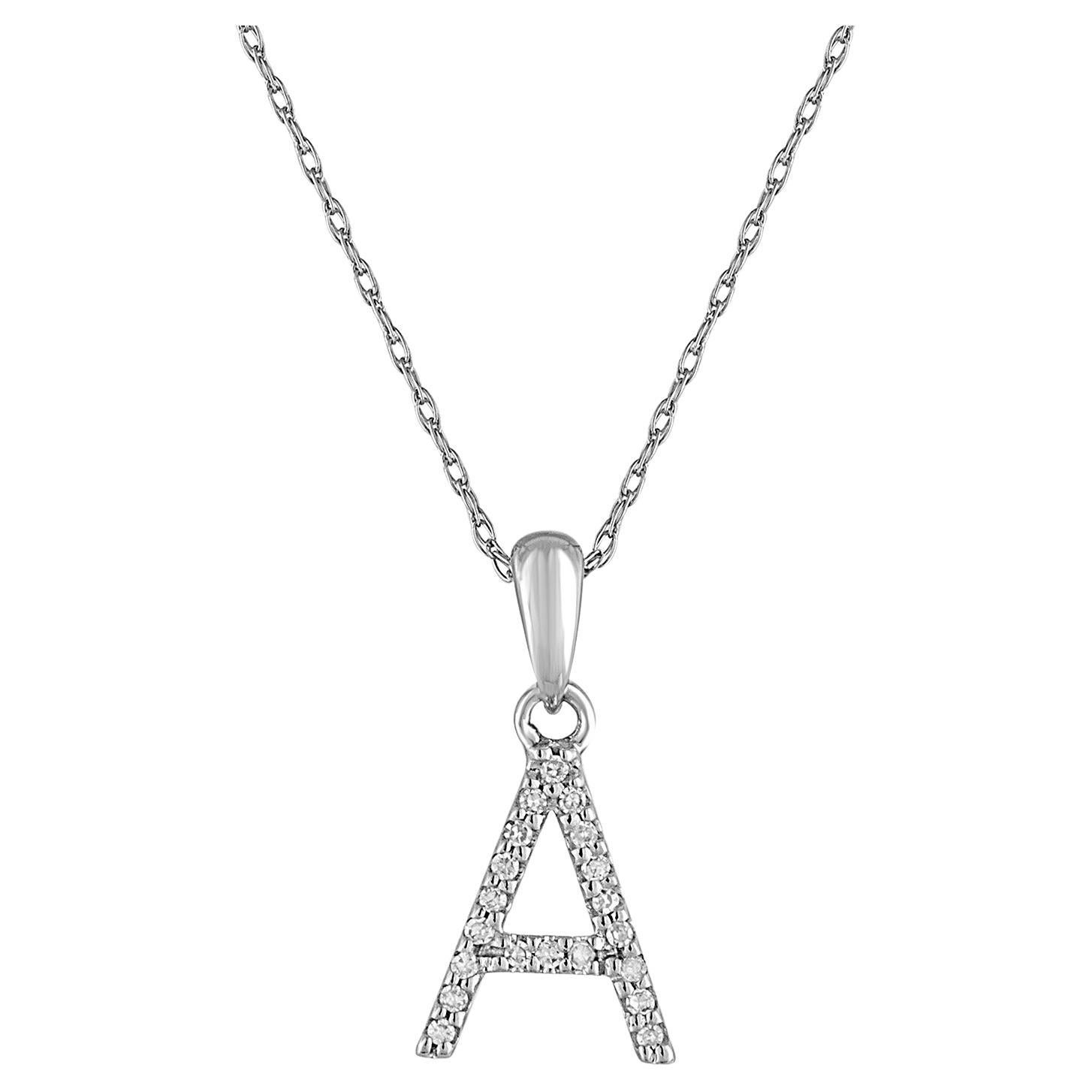 14 Karat White Gold 0.06 Carat Diamond Initial Pendant Necklace, Initial A For Sale