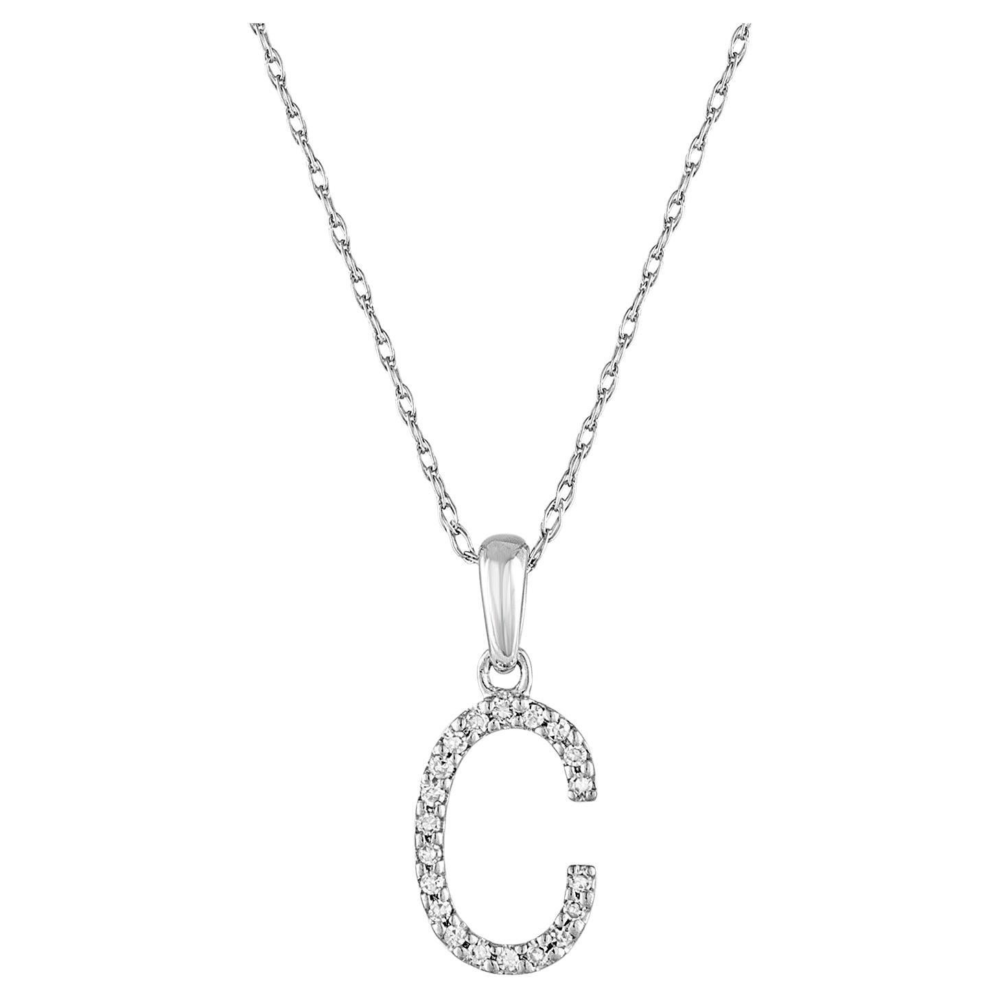 14 Karat White Gold 0.06 Carat Diamond Initial Pendant Necklace, Initial C For Sale