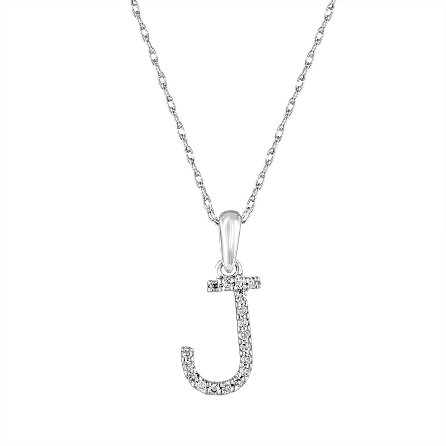 14 Karat White Gold 0.06 Carat Diamond Initial Pendant Necklace, Initial J For Sale