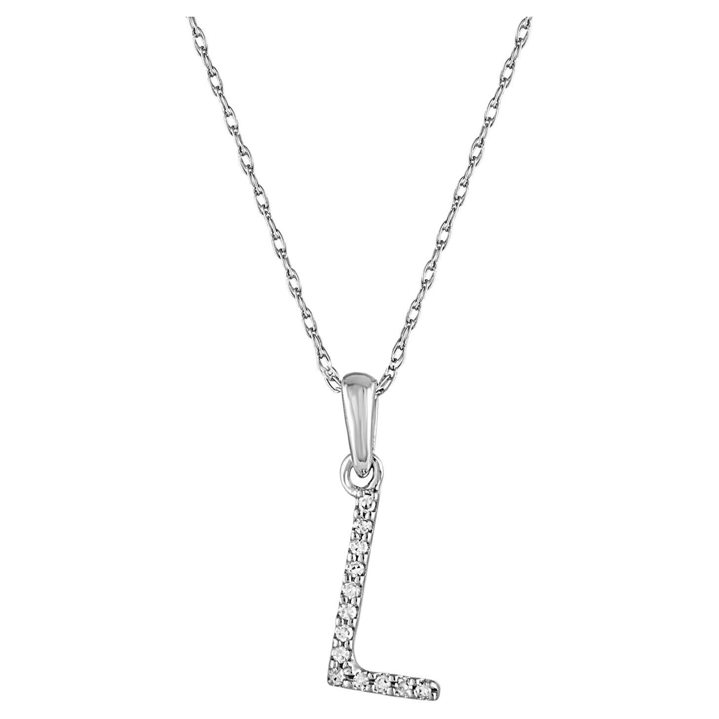 14 Karat White Gold 0.06 Carat Diamond Initial Pendant Necklace, Initial L For Sale