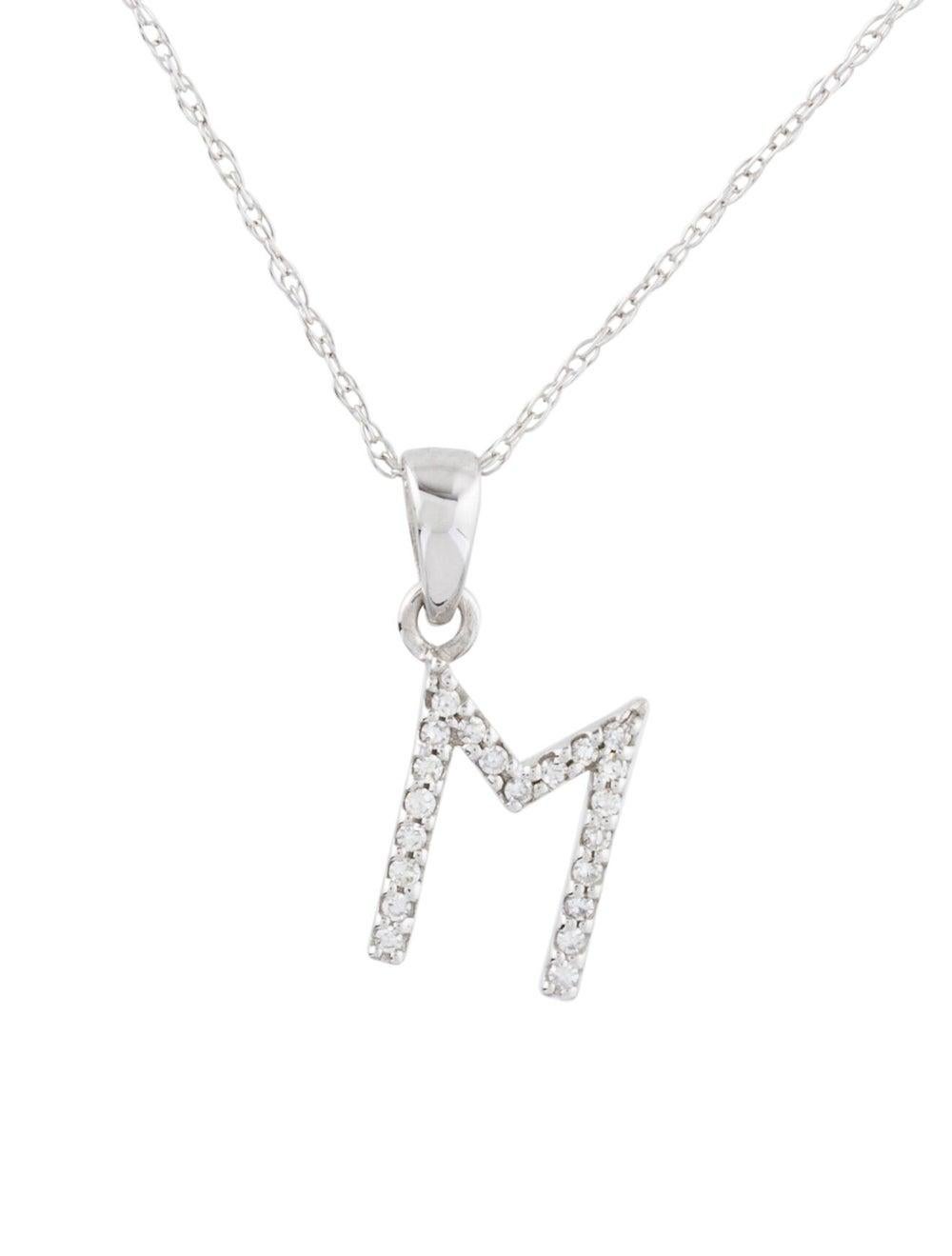 Contemporary 14 Karat White Gold 0.06 Carat Diamond Initial Pendant Necklace, Initial M For Sale