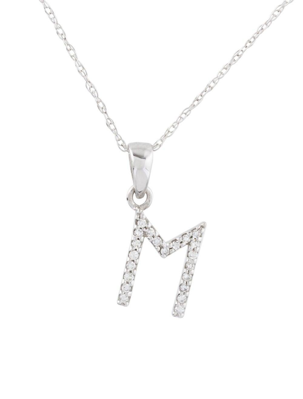 14 Karat Weißgold 0,06 Karat Diamant-Initial-Anhänger-Halskette, Initial M (Einfacher Schliff) im Angebot