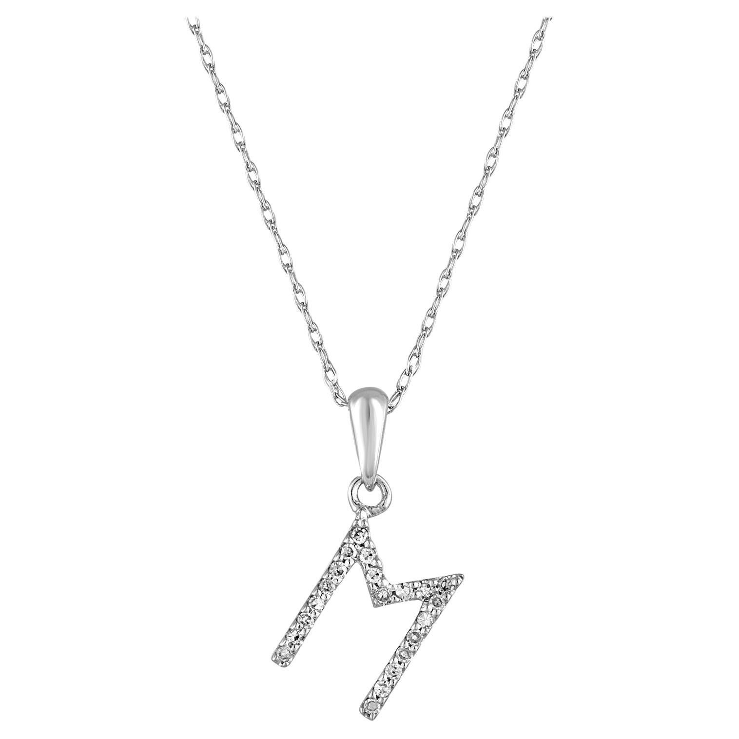 14 Karat White Gold 0.06 Carat Diamond Initial Pendant Necklace, Initial M For Sale