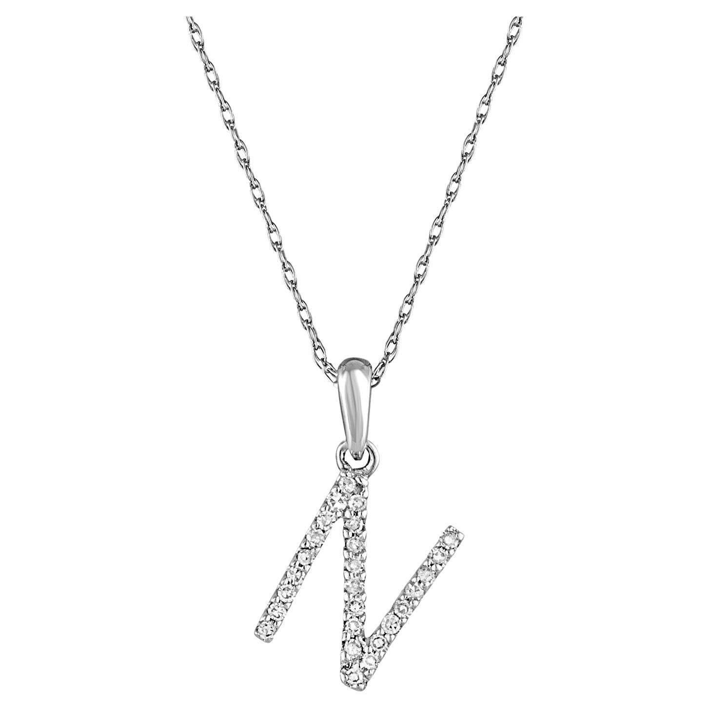 14 Karat White Gold 0.06 Carat Diamond Initial Pendant Necklace, Initial N For Sale