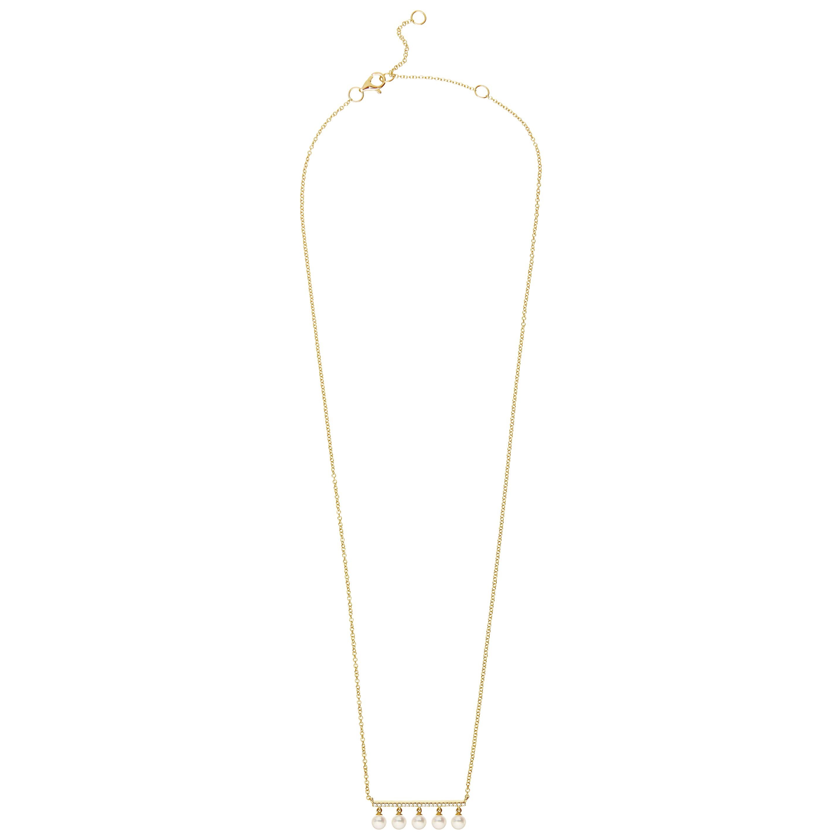 Single Cut 14 Karat White Gold 0.07 Carat Round Diamond and Pearl Bar Chain Pendant For Sale