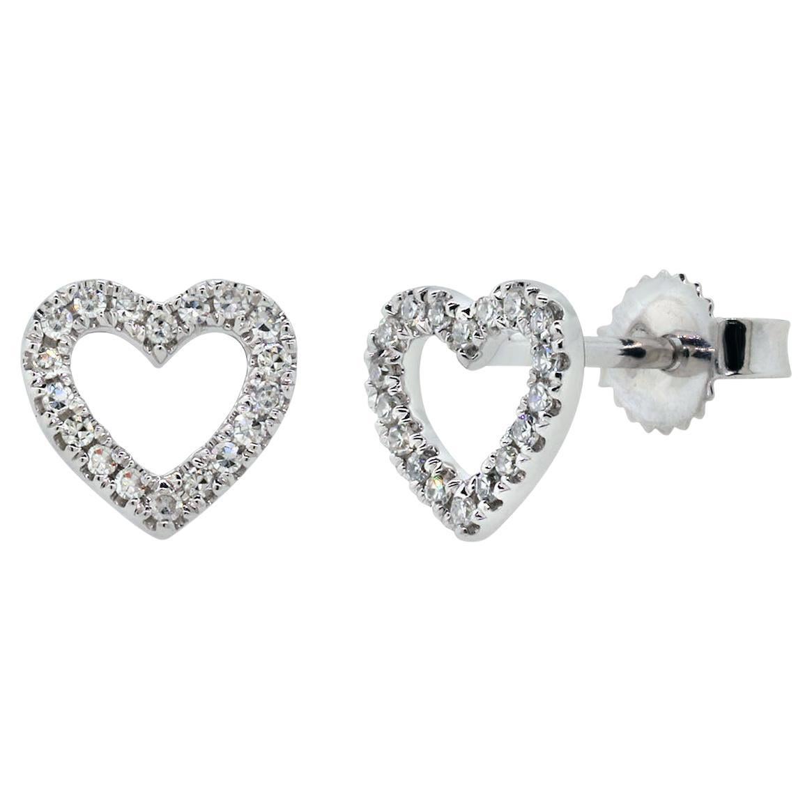 14 Karat White Gold 0.10 Carat Diamond Open Heart Stud Earrings For Sale