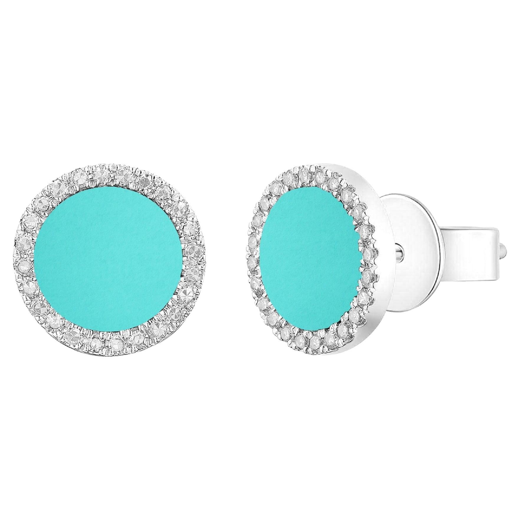 14 Karat White Gold 0.10 Carat Diamond Turquoise Earrings For Sale