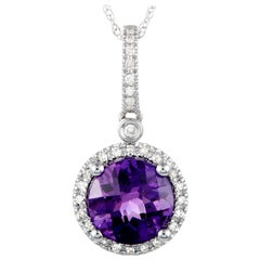 14 Karat White Gold 0.11 Carat Diamond and Amethyst Round Pendant Necklace