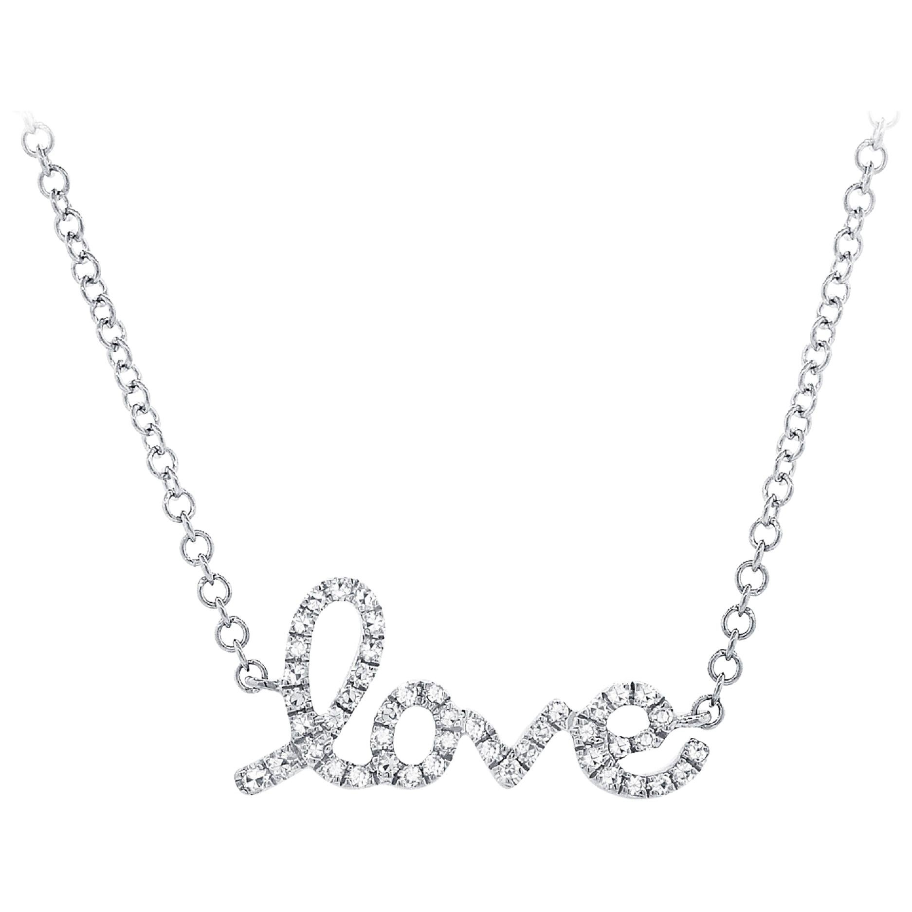 14 Karat White Gold 0.11 Carat Diamond Script Love Necklace