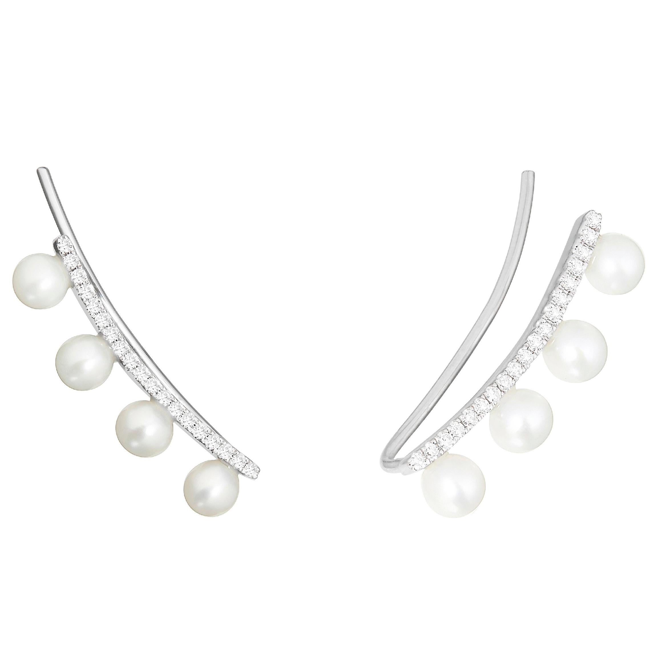 Contemporary 14 Karat White Gold 0.115 Carat Pearl and Round Diamond Climbing Earrings For Sale