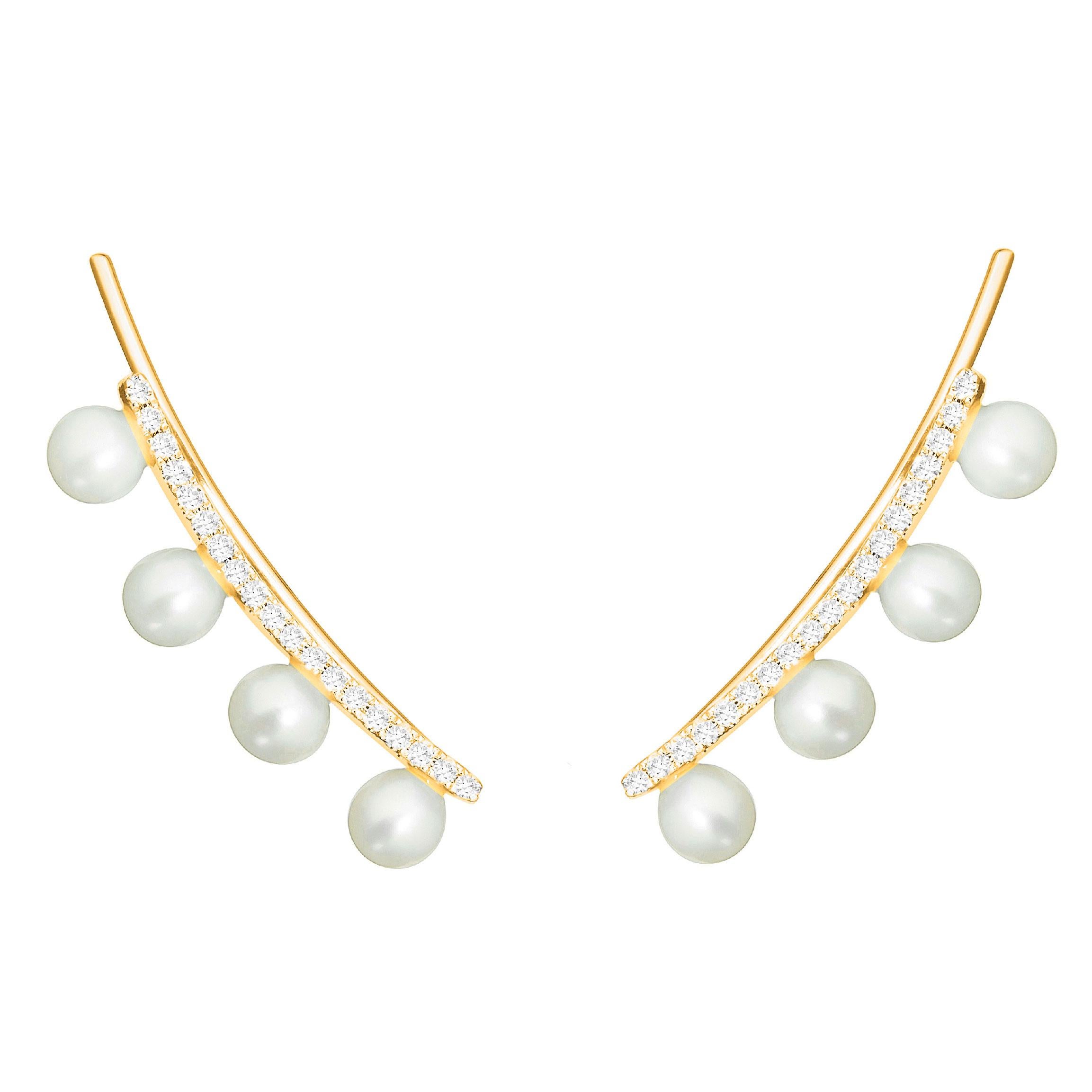 Women's or Men's 14 Karat White Gold 0.115 Carat Pearl and Round Diamond Climbing Earrings For Sale