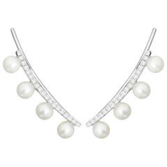 14 Karat White Gold 0.115 Carat Pearl and Round Diamond Climbing Earrings