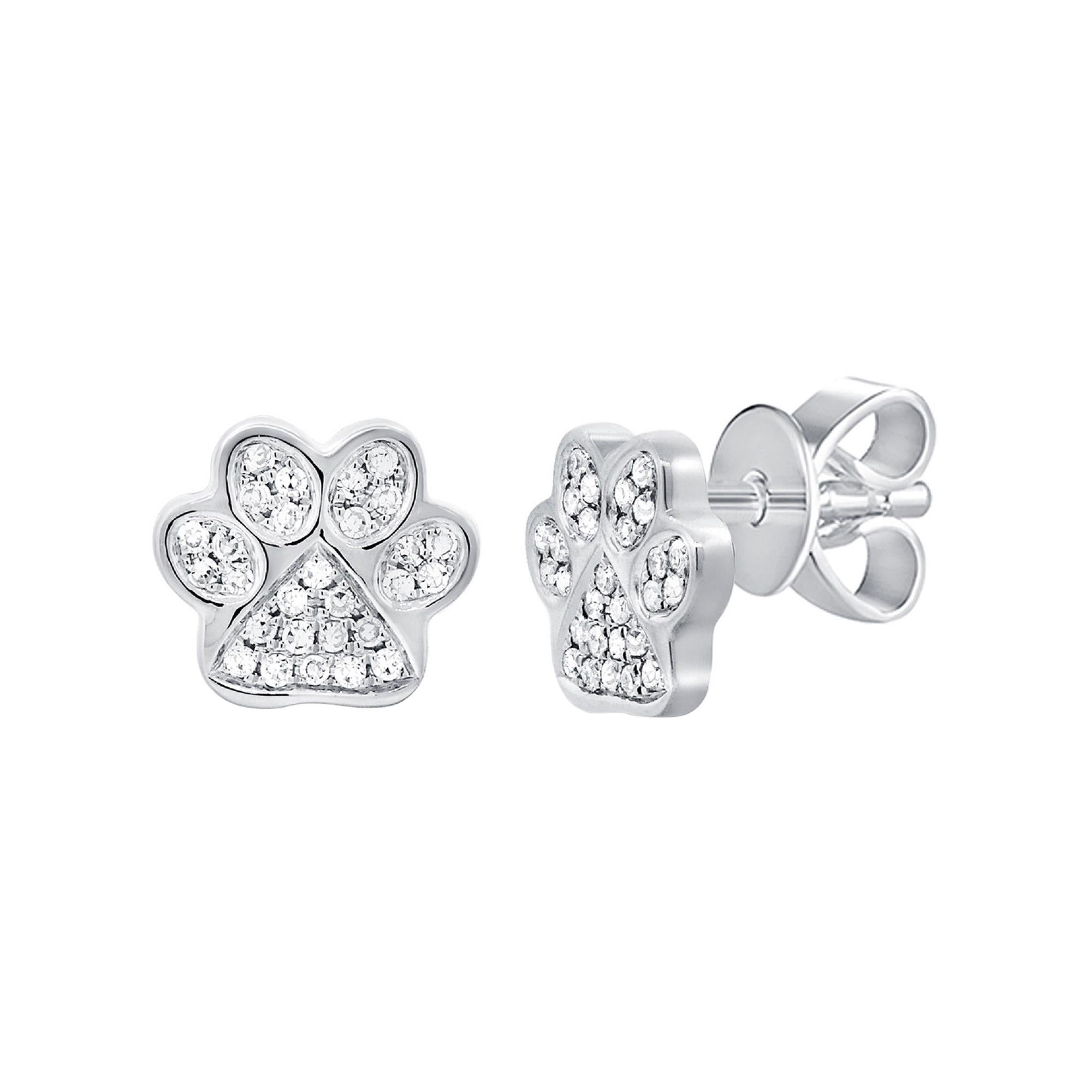 14 Karat White Gold 0.13 Carat Diamond Dog Paw Stud Earrings For Sale