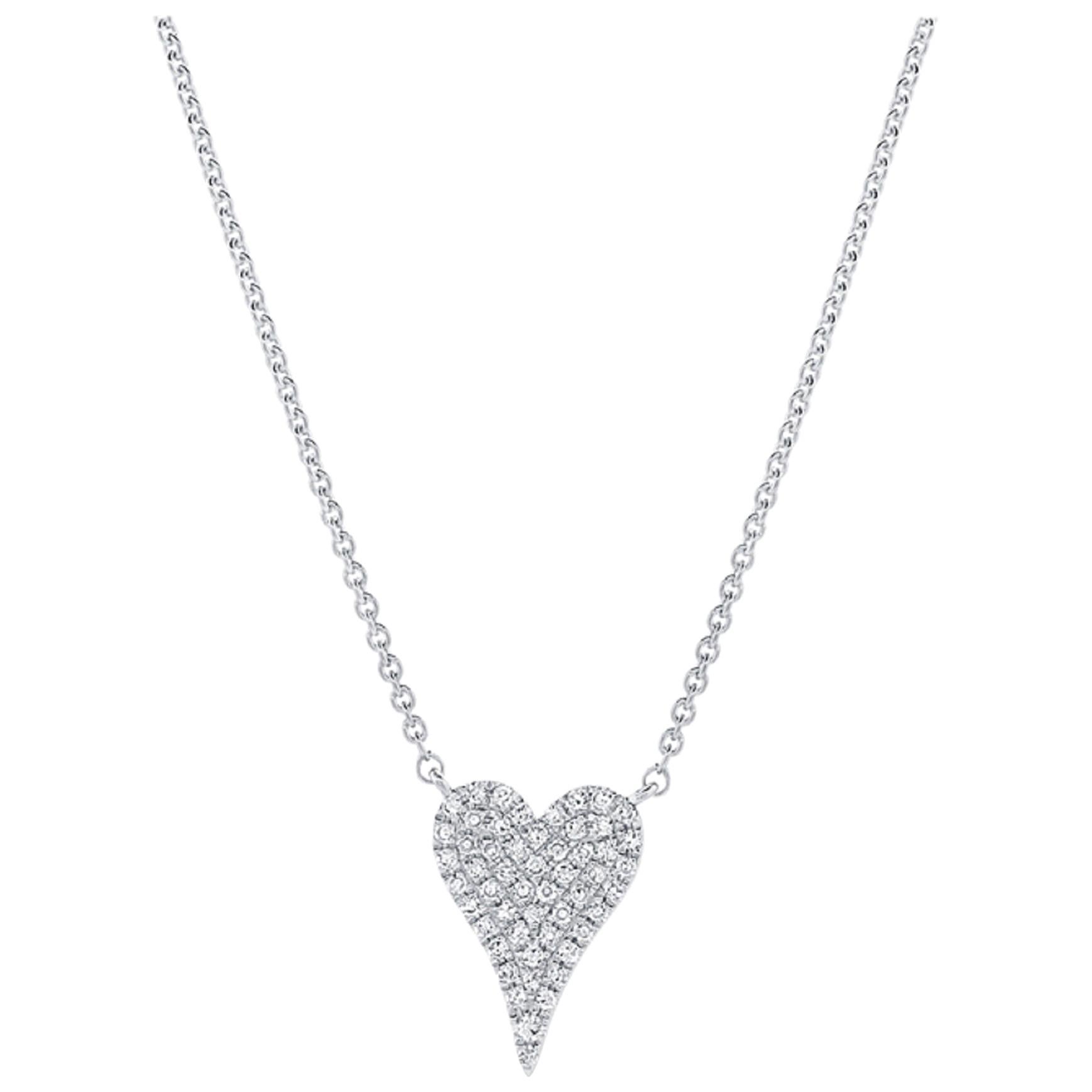 14 Karat White Gold 0.13 Carat Diamond Heart Paved Pendant Necklace For Sale