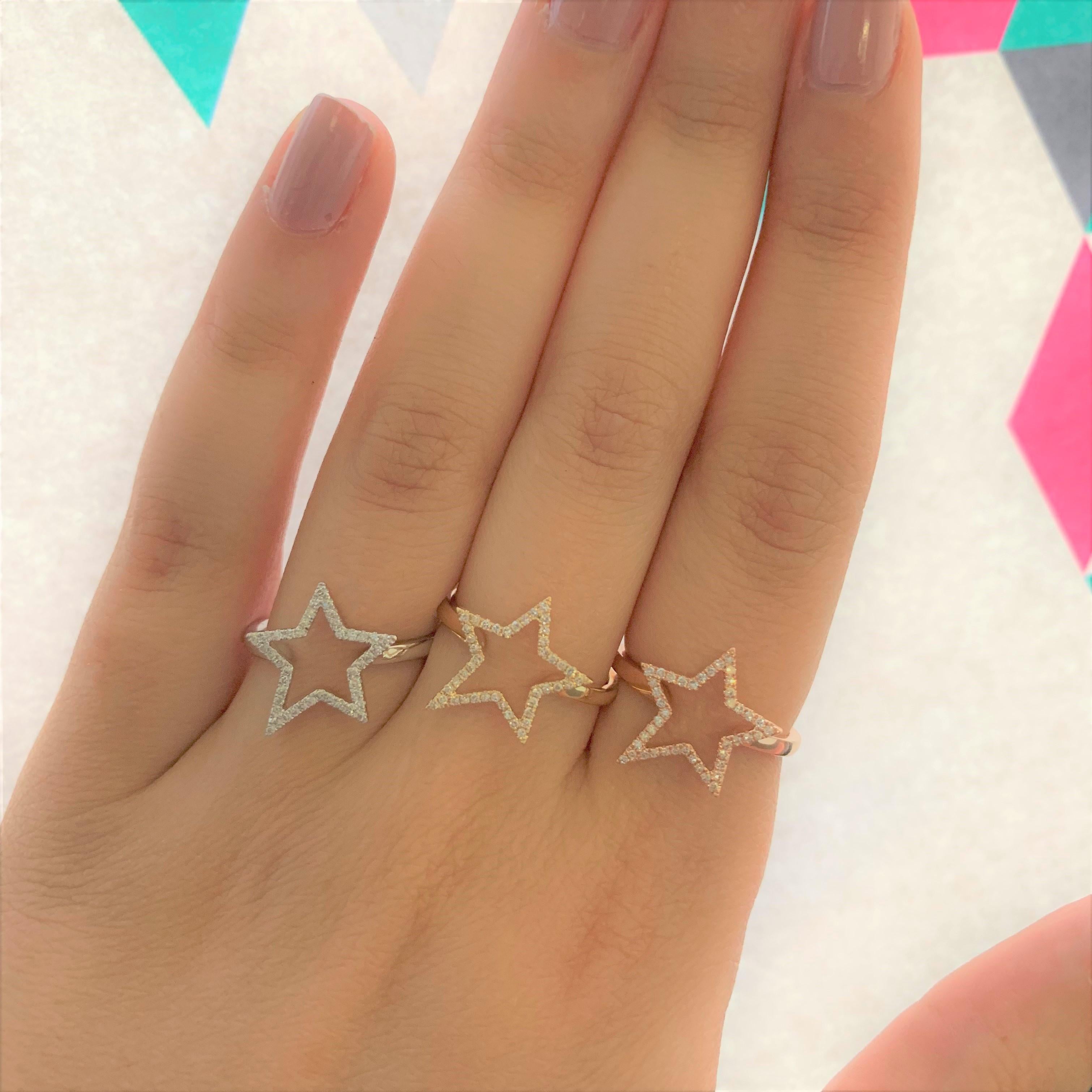 Crafted of 14k gold and available in 3 gold colors, this trendy yet classic Star design ring features approximately 0.14 ct of shimmering round diamonds. Diamond Color and Clarity is GH SI1-SI2.
-14K Gold
-0.14cts White Diamonds
-Diamond Color