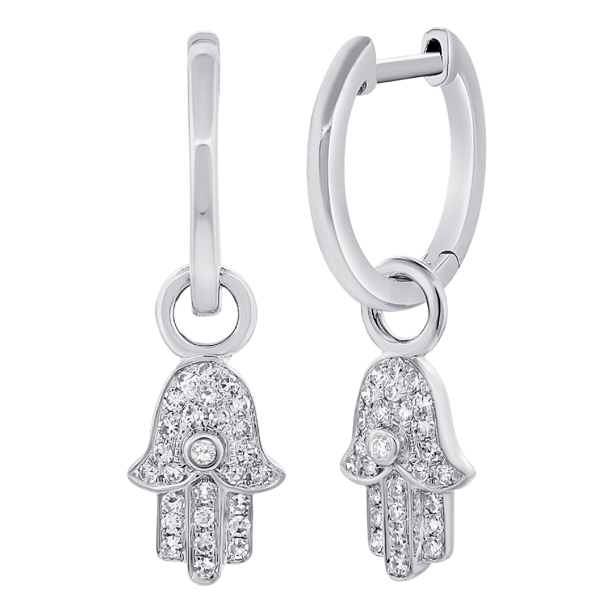 14 Karat Weißgold 0,17 Karat Diamant baumelnde Hamsa-Ohrringe mit Diamanten
