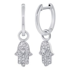 14 Karat Weißgold 0,17 Karat Diamant baumelnde Hamsa-Ohrringe mit Diamanten