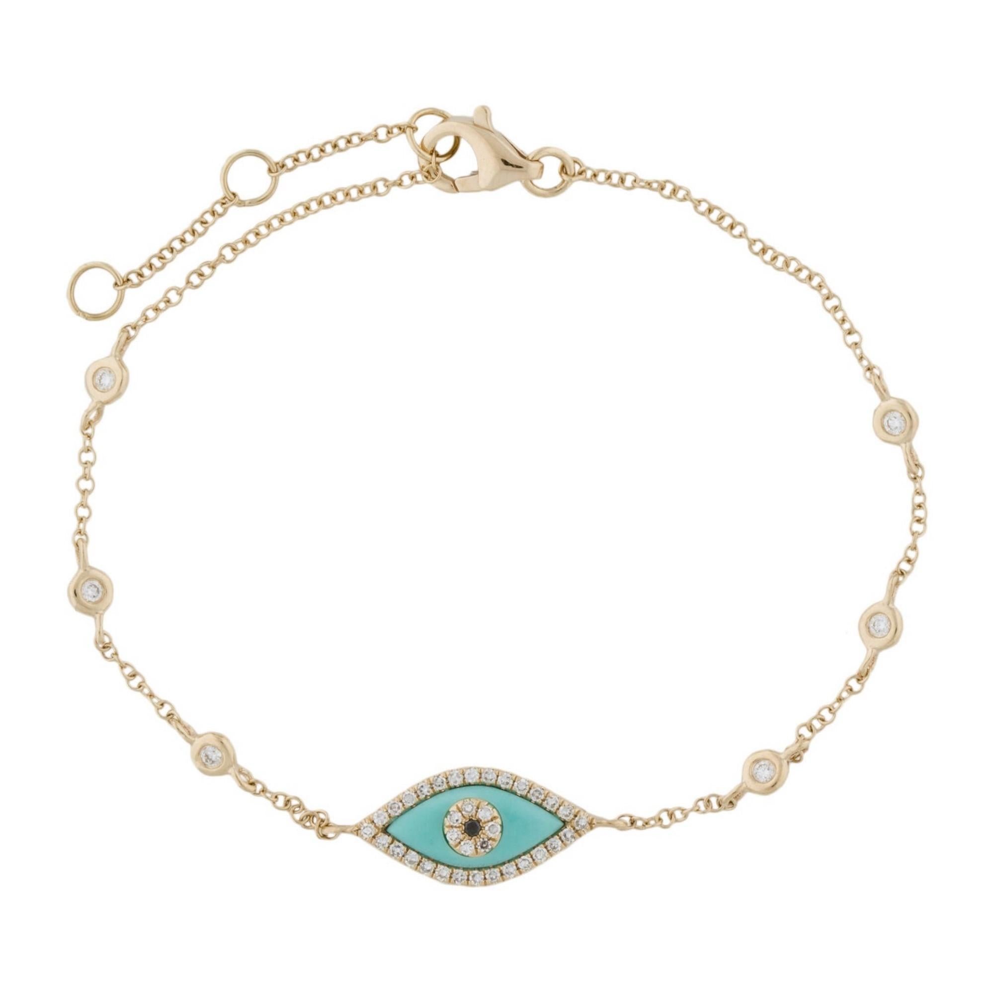 Contemporain Bracelet station Evil Eye en or blanc 14 carats avec turquoise et diamants de 0,17 carat en vente