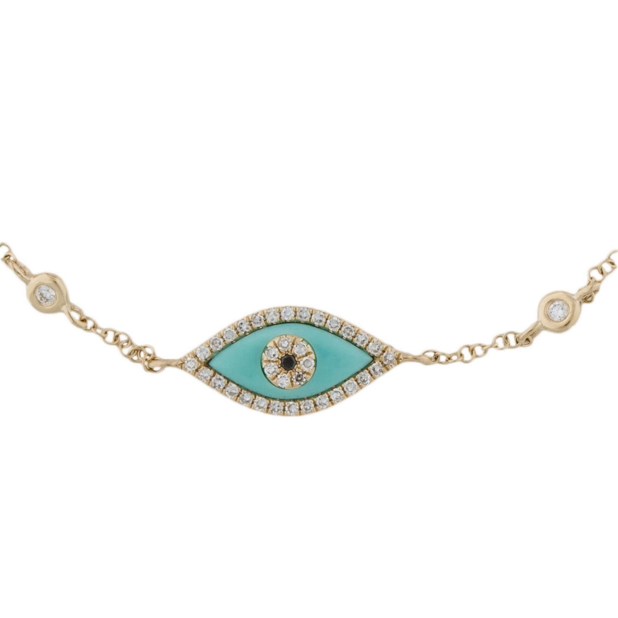 Contemporary 14 Karat White Gold 0.17 Carat Diamond Turquoise Evil Eye Station Bracelet For Sale