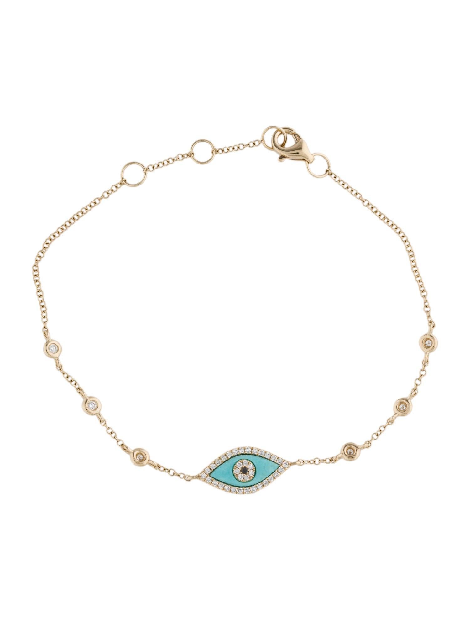 Round Cut 14 Karat White Gold 0.17 Carat Diamond Turquoise Evil Eye Station Bracelet For Sale