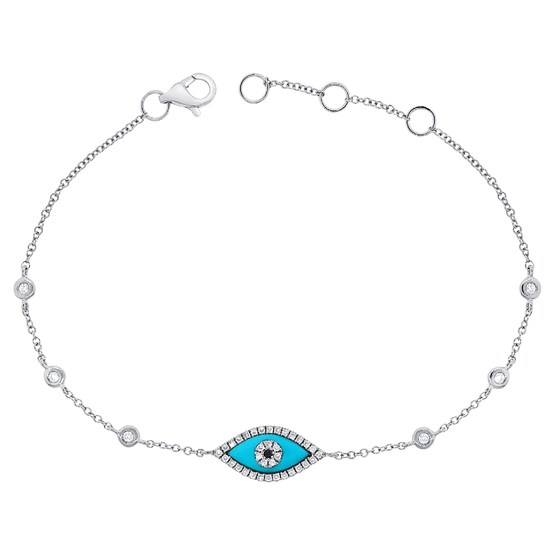 14 Karat White Gold 0.17 Carat Diamond Turquoise Evil Eye Station Bracelet