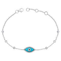 Bracelet station Evil Eye en or blanc 14 carats avec turquoise et diamants de 0,17 carat