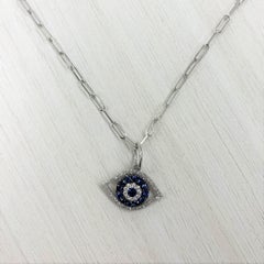 14 Karat White Gold 0.18 Carat Diamond & Sapphire Evil Eye Paperclip Necklace