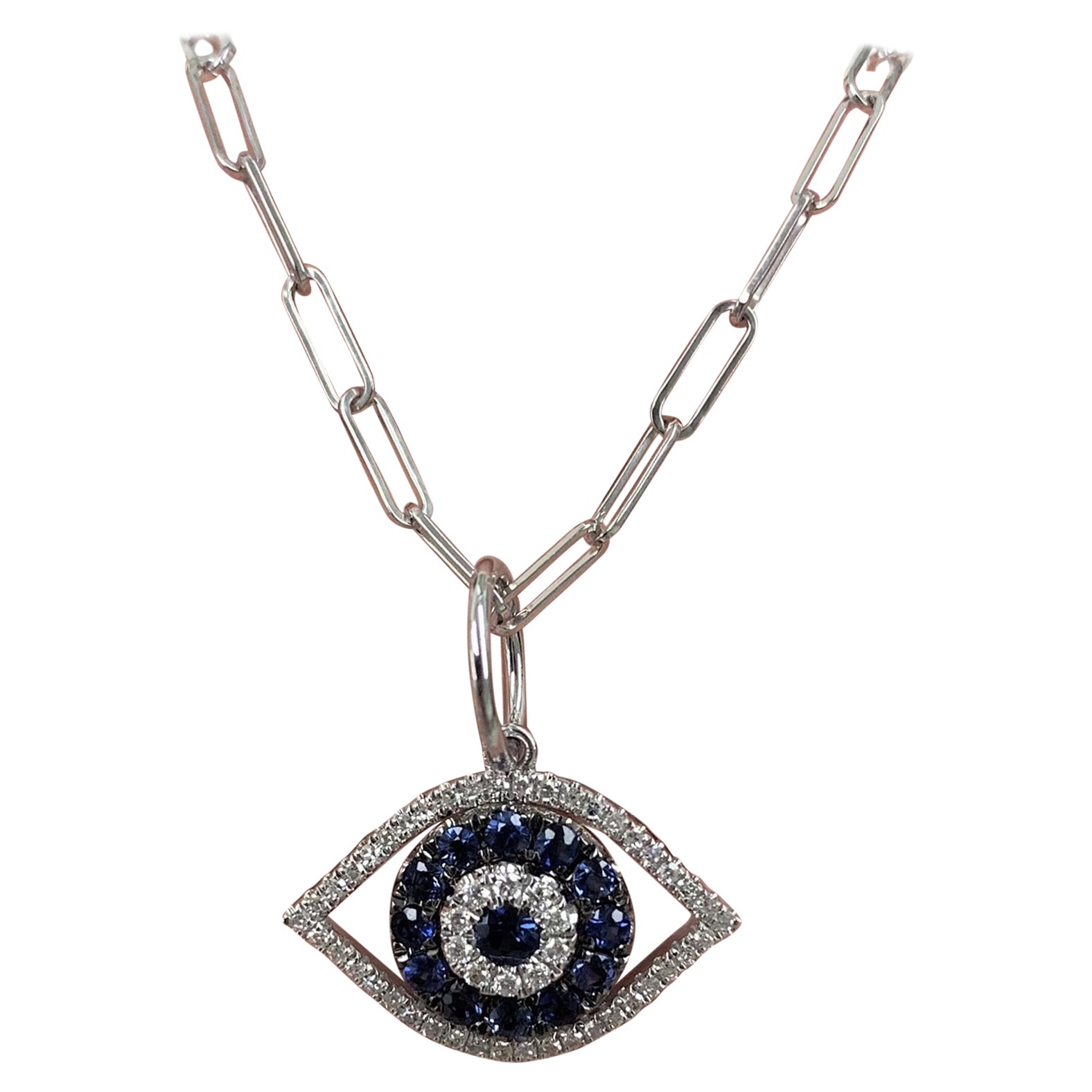 Collar clip de oro blanco de 14 quilates con diamantes y zafiros de 0,18 quilates y ojo de diablo